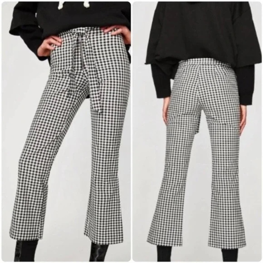 Zara Gingham Check Zip Kick Flare Pants with Tie Waist, Large.
